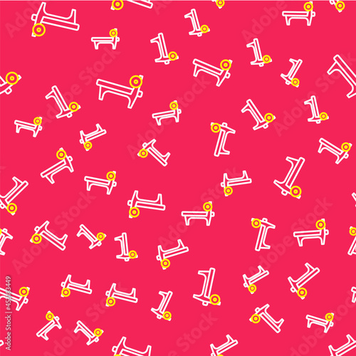Line Bench with barbel icon isolated seamless pattern on red background. Gym equipment. Bodybuilding, powerlifting, fitness concept. Vector
