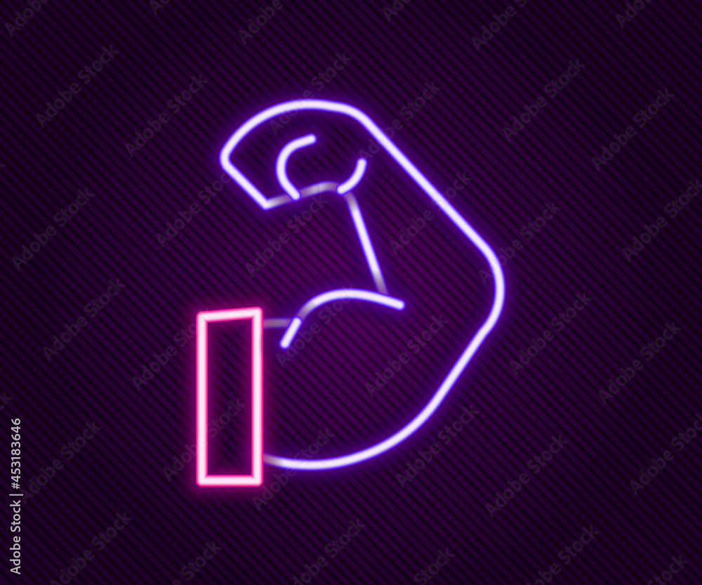 Glowing neon line Bodybuilder showing his muscles icon isolated on black background. Fit fitness strength health hobby concept. Colorful outline concept. Vector Glowing neon line Bodybuilder showing his muscles icon isolated on black background. Fit fitness strength health hobby concept. Colorful outline concept. Vector