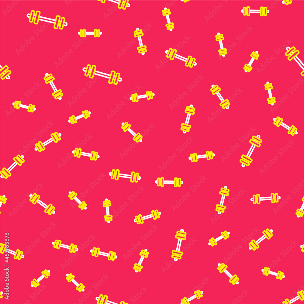 Line Barbell icon isolated seamless pattern on red background. Muscle lifting icon, fitness barbell, gym, sports equipment, exercise bumbbell. Vector Line Barbell icon isolated seamless pattern on red background. Muscle lifting icon, fitness barbell, gym, sports equipment, exercise bumbbell. Vector