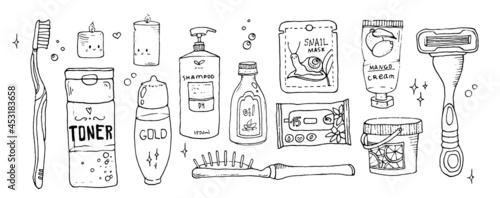 Big set of objects for personal care. Hygiene, bath accessories and tools. Oral cavity, hair, body care. Hand drawn vector illustration in doodle style, all objects isolated