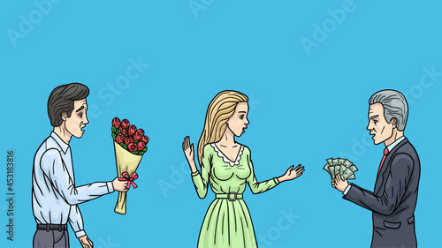 A young woman chooses a rich suitor with money and rejects a romantic man with flowers.