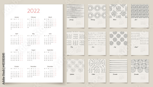 2022 calendar design. Week starts on Monday. 2022 full calendar. Editable calender page template A4, A3. Vertical. Abstract artistic vector illustrations. Pastel background. Set of 12 months.