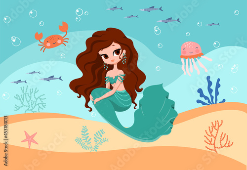 Underwater Mermaid concept. Beautiful girl with fish tail sitting on sandy bottom of sea. Poster for decorating walls in children room. Ocean flora and fauna. Cartoon flat vector illustration for kid