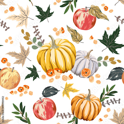 Autumn pumpkins, apples, maple leaves, white background. Vector seamless pattern. Fall season illustration. October harvest. Organic vegetable garden food. Nature design
