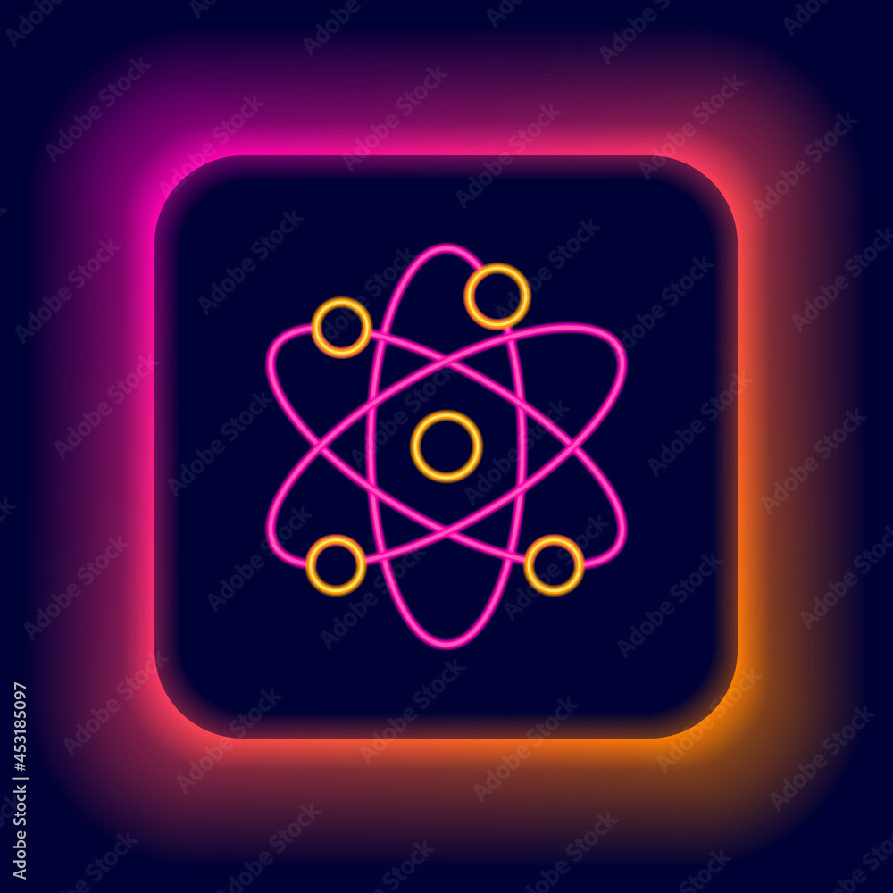 Glowing neon line Atom icon isolated on black background. Symbol of science, education, nuclear physics, scientific research. Colorful outline concept. Vector Glowing neon line Atom icon isolated on black background. Symbol of science, education, nuclear physics, scientific research. Colorful outline concept. Vector