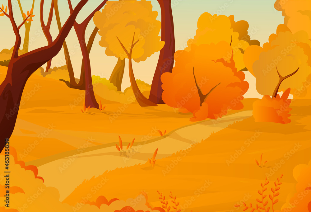 Autumn landscape concept. Beautiful autumn forest with trees, yellow and orange leaves, glade and path. Season of year. Cartoon flat vector illustration for posters, banners and wall decorations