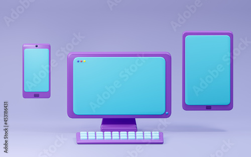 New version 3D Phone , pc , tablet with soft  purple background, computer ,minimal ,empty screen, 3d İllustration.
