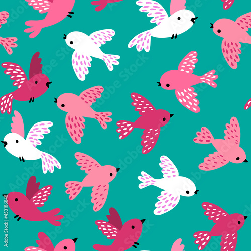 Seamless pattern with cute birds in a hand-drawn style. Pink and white birds fly on a turquoise background. The history of children. For children's room, for fabric, clothing, packaging paper