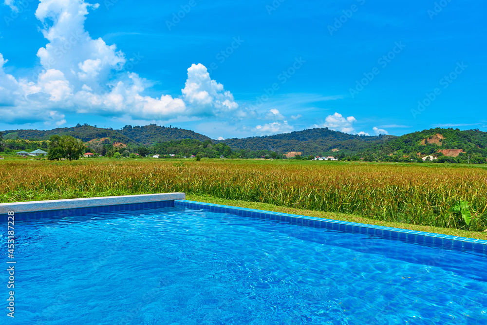 The view from the pool to the field and mountains. Swimming pool in an unusual location