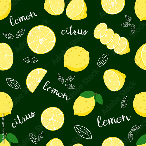 Lemon pattern. Citrus fruit slices in cut. Lemon whole and sliced. Vector seamless background illustration