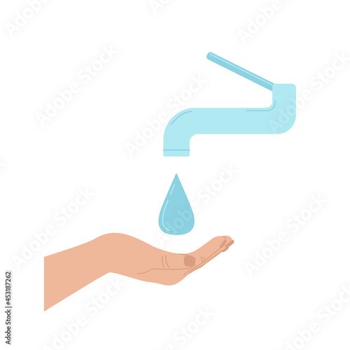 Faucet and hand holding a falling drop of water. World handwashing, Hand Hygiene day. Save water earth resources. Vector illustration in flat design isolated on white.
