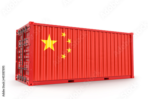 Cargo container with flag of China. 3D rendering. Isolated on white
