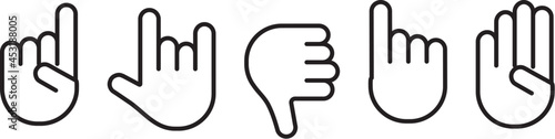 Gesture line vector set, black finger and palm hands outline icons isolated on white background. Expression illustration