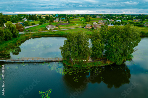 Aerial view of a fishing house on the lake