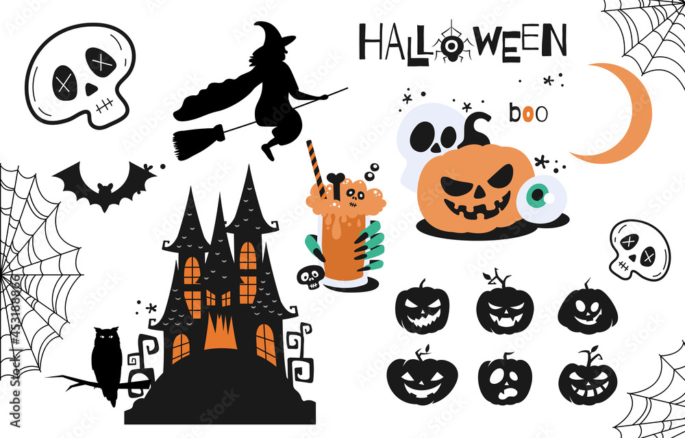 Halloween element set. Collection of scary mysterious stickers with witch, house with ghosts and pumpkin. Icons in form of dark silhouettes. Cartoon flat vector set isolated on a white background Halloween element set. Collection of scary mysterious stickers with witch, house with ghosts and pumpkin. Icons in form of dark silhouettes. Cartoon flat vector set isolated on a white background