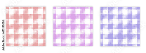 Gingham pattern set. Seamless checkered backgrounds for tablecloths, napkins, bed linen and other textiles. Blankets in red, blue and purple check. Flat vector collection isolated on white background