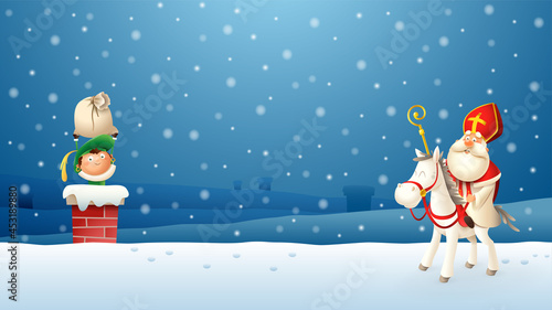 Saint Nicholas with horse on roof bringing gifts to children - winter landscape