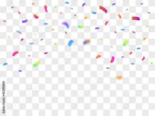 Celebration background template. Colorful flying confetti on transparent background. Abstract design elements for greeting cards and holiday invitations. Realistic gradient vector illustration