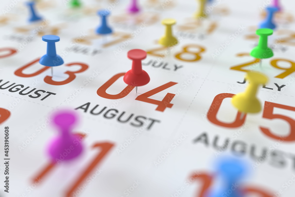August 4 date and push pin on a calendar, 3D rendering August 4 date and push pin on a calendar, 3D rendering