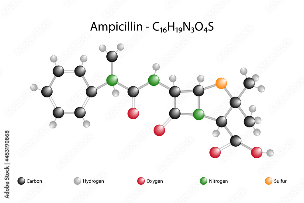 Molecular formula of ampicillin. Ampicillin is an antibiotic used in