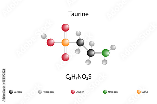Molecular formula of taurine. Taurine is a sulfur-derived amino acid derived from semi-essential methionine and cystine. It occurs naturally in the body.