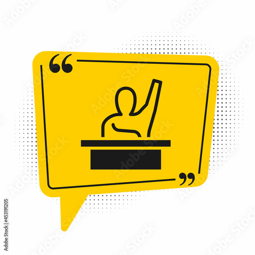 Black Active male kid raising hand answering to teacher question icon isolated on white background. An elementary student raises his hand. Yellow speech bubble symbol. Vector