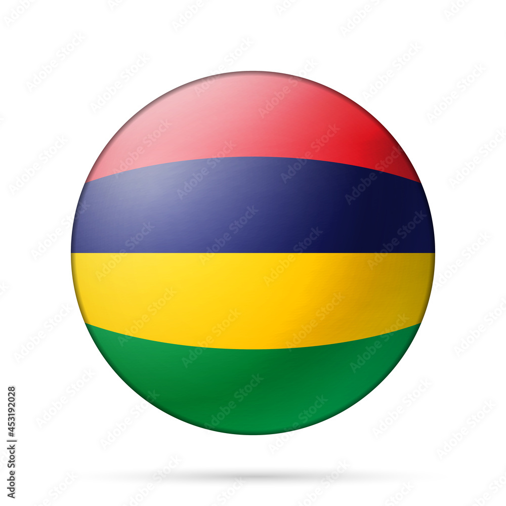 Glass light ball with flag of Mauritius. Round sphere, template icon. Mauritian national symbol. Glossy realistic ball, 3D abstract vector illustration highlighted on a white background. Big bubble Glass light ball with flag of Mauritius. Round sphere, template icon. Mauritian national symbol. Glossy realistic ball, 3D abstract vector illustration highlighted on a white background. Big bubble