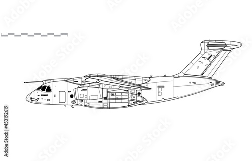Embraer C-390 Millennium. Vector drawing of multirole transport aircraft. Side view. Image for illustration and infographics.