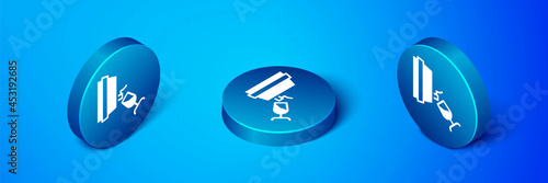 Isometric Wine tasting, degustation icon isolated on blue background. Wooden barrel for wine with glass. Blue circle button. Vector