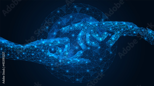 The robot extends its hand to a person against the background of the digital world. Global network. Mutually beneficial cooperation with artificial intelligence. Low-poly construction.