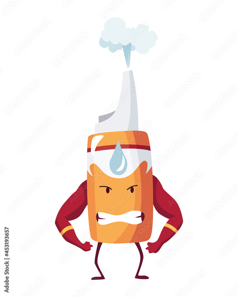Pills super hero. Cute cartoon character with angry face. Spray bottle like a superman shows biceps. Medicinal strong help Pills super hero. Cute cartoon character with angry face. Spray bottle like a superman shows biceps. Medicinal strong help