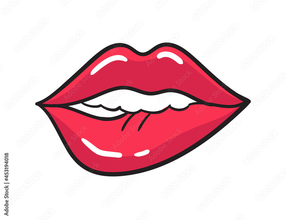 Comic female red lips sticker. Women mouth with lipstick in vintage comic style. Rop art retro illustration Comic female red lips sticker. Women mouth with lipstick in vintage comic style. Rop art retro illustration