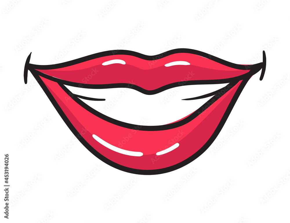 Comic female red lips sticker. Women mouth with lipstick in vintage comic style. Smile pop art retro illustration Comic female red lips sticker. Women mouth with lipstick in vintage comic style. Smile pop art retro illustration
