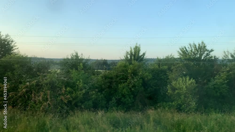 blured side view of high-speed turning train on landscape of beautiful nature wild field and mountains forest on clean sunny day in summer background. Transport, travel, railway, communication concept blured side view of high-speed turning train on landscape of beautiful nature wild field and mountains forest on clean sunny day in summer background. Transport, travel, railway, communication concept