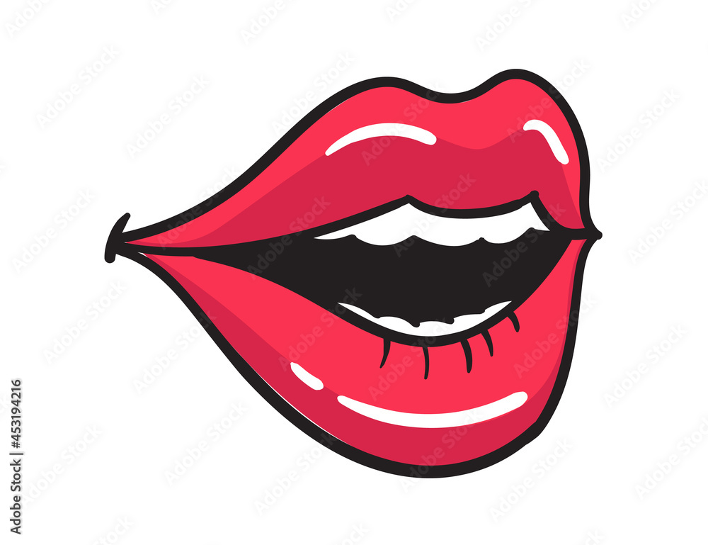 Comic female red lips sticker. Women mouth with lipstick in vintage comic style. Rop art retro illustration Comic female red lips sticker. Women mouth with lipstick in vintage comic style. Rop art retro illustration