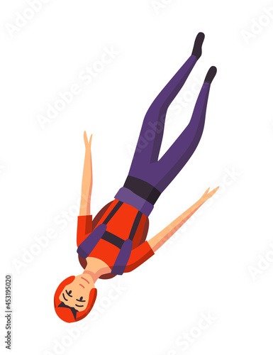 Male skydiver flying with sport equipment. Skydiving extreme sport. Paraglide jumping character on white. Active hobbies sportsman jumps