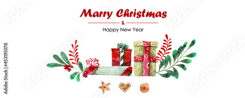 New Year and Christmas Card. Hand drawn presents and plants texture. Watercolor christmas flowers, boxes and cookies. Vector
