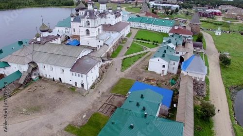 Solovki Russia kremlin aerial drone footage, tourism of north White Sea, yard inside 4K