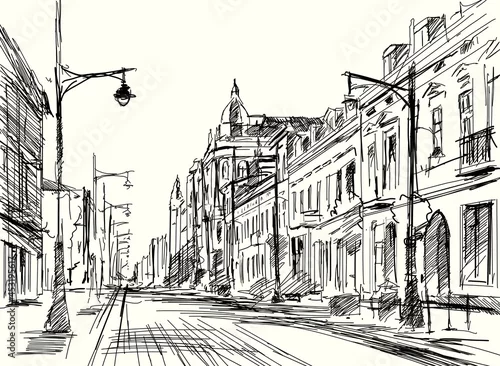 Obraz Szkic ulicy Piotrkowskiej w Łodzi. Panorama miasta Łódź