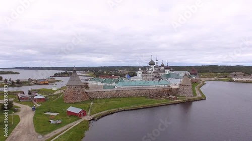 Solovki Russia kremlin aerial drone footage, tourism of north White Sea, liftup and close 4K photo