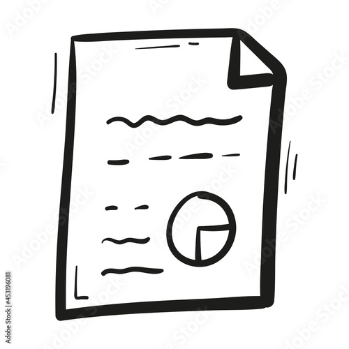 Hand drawn document with graphs and information icon in doodle style isolated