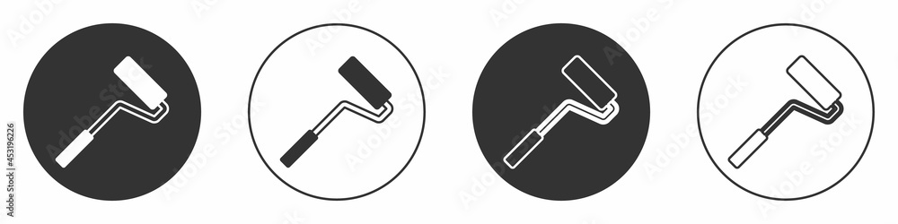 Black Paint roller brush icon isolated on white background. Circle button. Vector