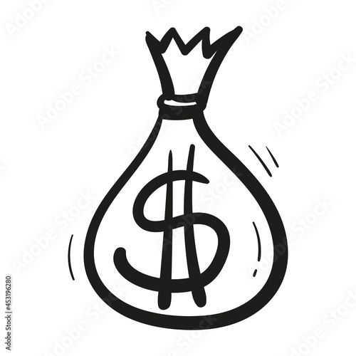 Hand drawn money bag with dollar sign icon in doodle style isolated