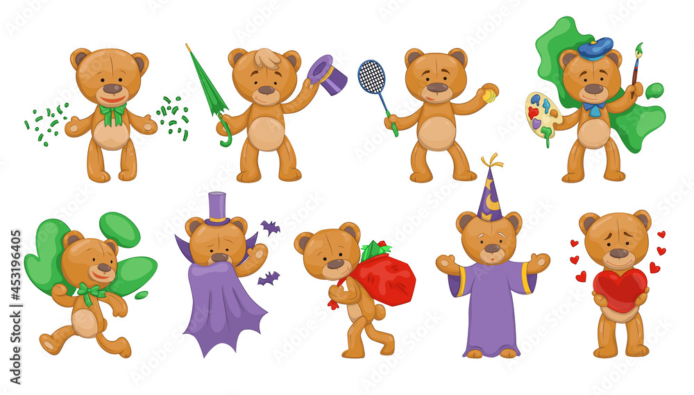 Naklejka premium Teddy bears in different images. Cute brown cartoon animals. Funny sticker symbols. Templates for print or greeting card