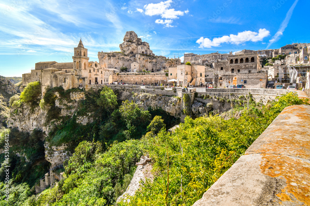 The steep cliffs and canyons and the ancient Madonna de Idris rock church in the city of Matera, Italy, in the Basilicata region.