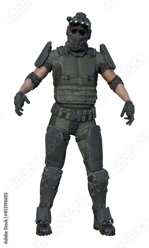 Illustration of a male soldier in full gear wearing sunglasses with arms out in an aggressive stance isolated on a white background.