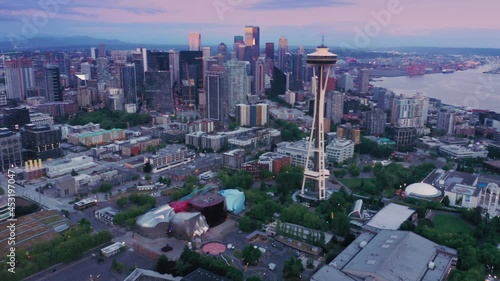 Aerial: Space Needle and downtown Seattle at sunset. Washington, USA photo