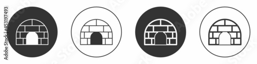 Black Igloo ice house icon isolated on white background. Snow home, Eskimo dome-shaped hut winter shelter, made of blocks. Circle button. Vector