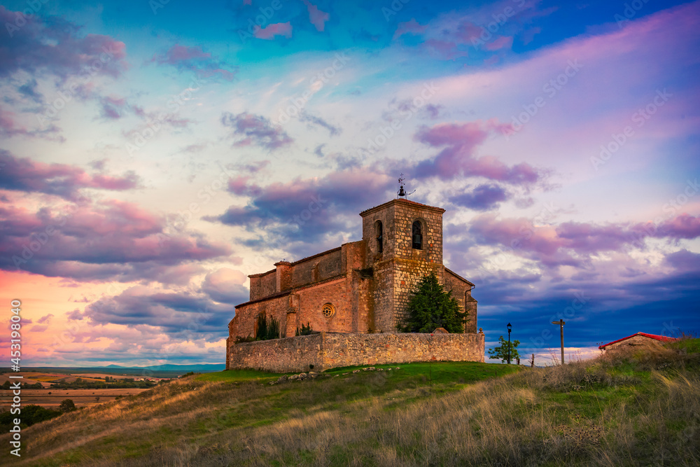 Sunset View of the Church San Martin Obispo in Atapuerca along the Way of St James Pilgrim Trail Camino de Santiago Sunset View of the Church San Martin Obispo in Atapuerca along the Way of St James Pilgrim Trail Camino de Santiago