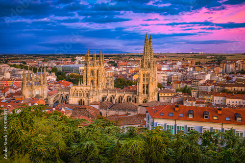 Sunset View of the UNESCO World Heritage Cathedral and the Historic Old Town of Burgos along the Pilgrim Way of St James Camino de Santiago